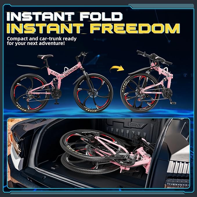 26 Inch Folding Mountain Bike with High Carbon Steel, 21 Speed City Bike with Dual Suspension, Folding Bicycle for Adults Men and Women