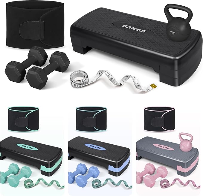 SAKAE Adjustable Aerobic Stepper Kit with Dumbbells & Kettlebell & Weightlifting Belt & Measuring Tape, 2 Level Risers Exercise Step Platform for Home Gym Exercise Fitness Workout, Multiple Colors