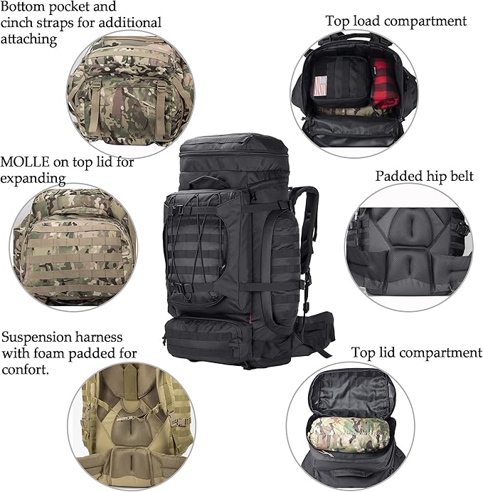 Large Military Backpack Army Rucksack Tactical MOLLE Pack for Camping Backpacking Hunting Bushcraft Adventure 70L…