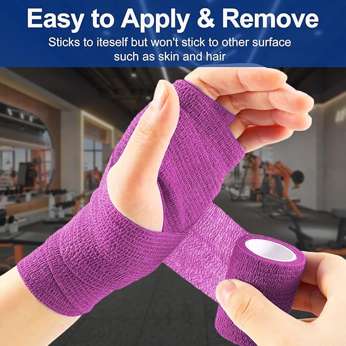 24 Pack 2 Inch x 5 Yards Self Adhesive Bandage Wrap, Elastic Cohesive Wrap 2 inch Vet Wrap Bandage Tape, Purple Grip Tape for Athletic, Sports, Wrist, Ankle Sprains