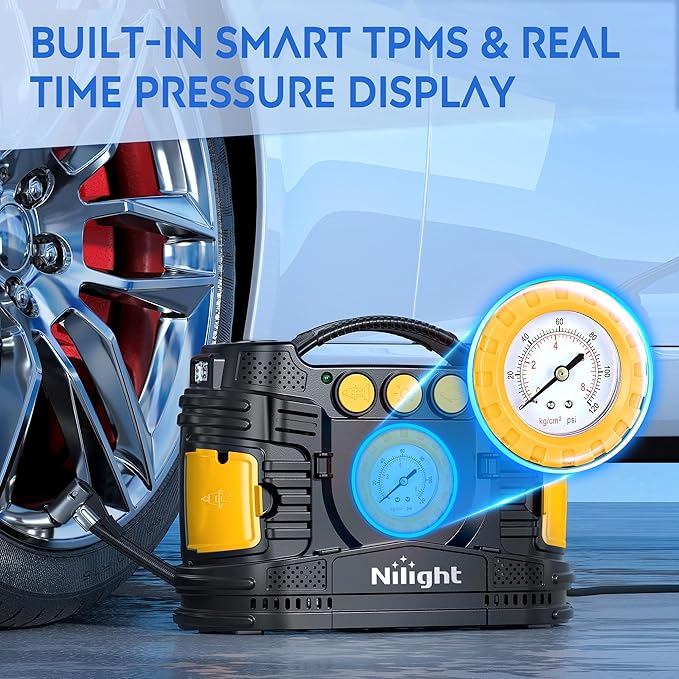 Nilight Tire Inflator Portable Air Compressor Dual Power Car 12V DC Home 110V AC Pump w/Analog Pressure Gauge Fast Inflate Auto Shutoff for Cars SUV Motorcycle Bicycle