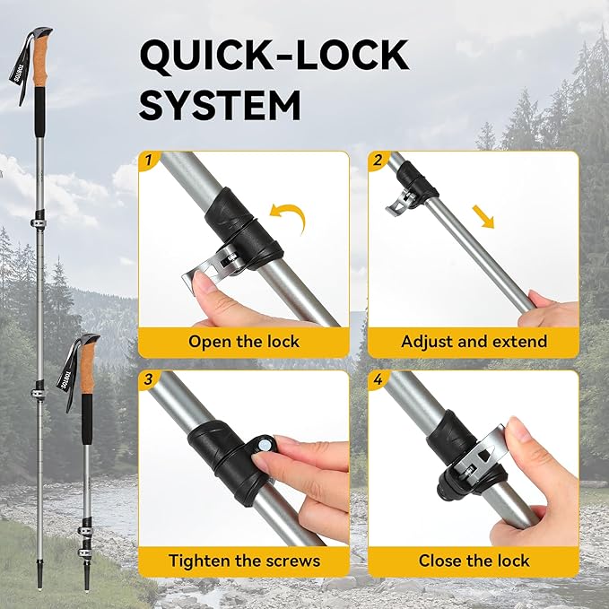 TOBTOS Trekking Poles, 2 Pack 7075 Aluminum Walking Sticks with Quick Lock, Lightweight Adjustable Hiking Sticks, Comfortable Cork Grips for Hiking, Walking & Camping