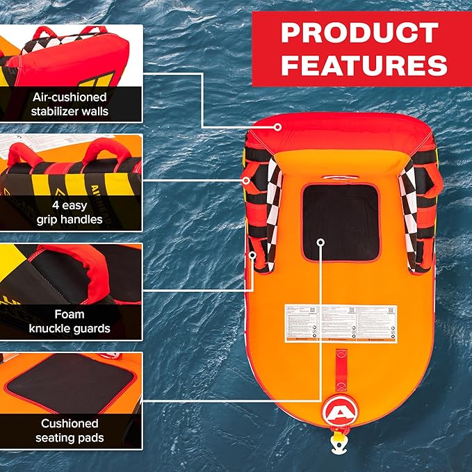 Airhead Mable Inflatable Towable Tube, 1-4 Rider Models, Dual Tow Points, Full Nylon Cover, EVA Foam Pads, Patented Speed Valve, Boat Tubes and Towables