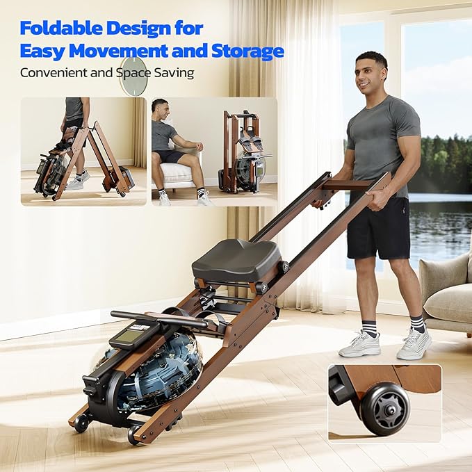 Dripex Water Rowing Machines for Home Use, Foldable Row Machine with 400LBS Weight Capacity, Rower Machine with Dedicated LCD Monitor, Comfortable Seat, Bluetooth App Compatible for Home Gym Exercise