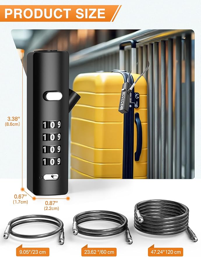 4-Digit Combination Cable Luggage Lock with 3 Interchangeable Steel Cables (9"/24"/47") – for Bike, Backpack, Gym, Cabinet, Gate (Gray, 2 Pack)