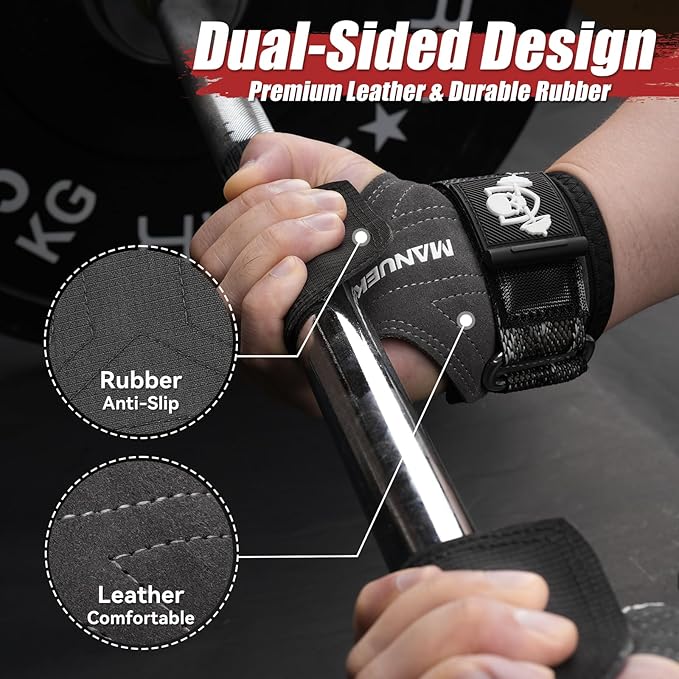 MANUEKLEAR Gym Straps Weight Lifting, Double Leather Lifting Straps for Men Deadlift with Cushion Wrist Loop, Gym Lifting Wrist Wraps for Weightlifting