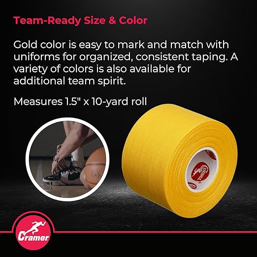 Cramer Team Color Athletic Tape, Gold, Latex-Free, 1.5" x 10yds, 32 Roll Bulk Case, Tearable Sports Tape for Wrists, Ankles, Baseball, Training, Strong Athletic Wrap for Athletes & Trainers