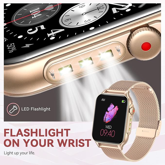 Smart Watches for Women (Answer/Make Call) with LED Flashlight, 1.96" HD Touch Screen Fitness Tracker with Heart Rate Sleep Monitor, Waterproof Smartwatch with 100+ Sports Modes