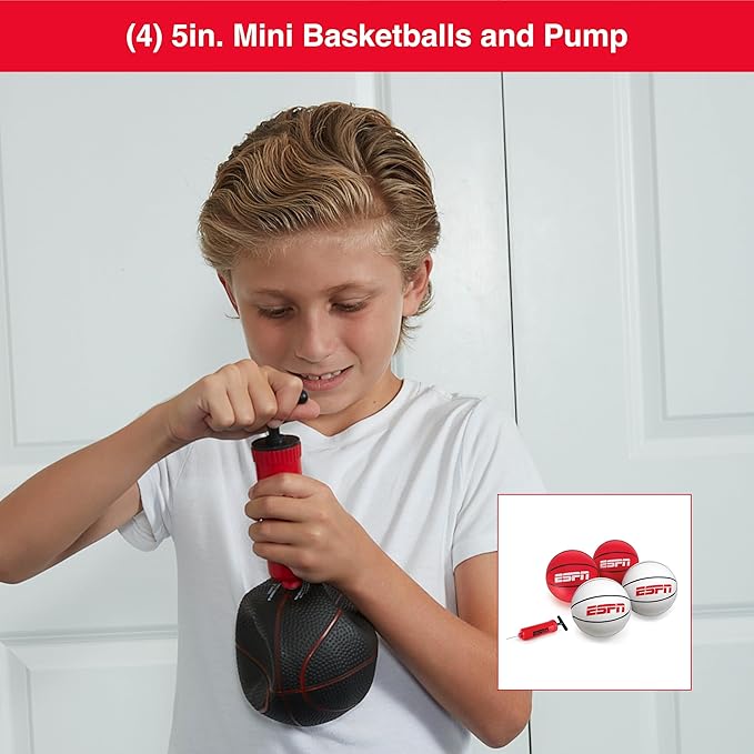 ESPN Mini Basketball Hoop, Over The Door Basketball Hoop with 2 Foldable Breakaway Rims and Ball Return for Two Player Games, Includes 4 Mini Basketballs and Pump