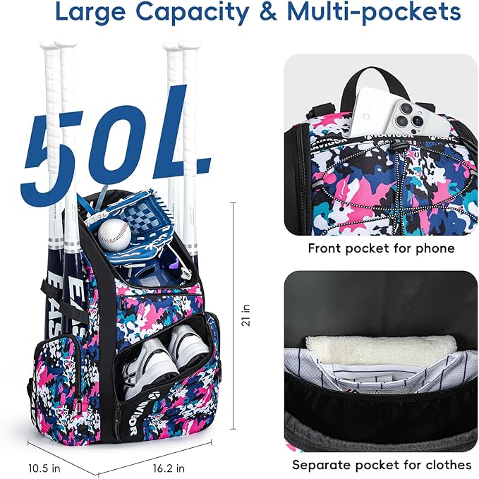 Baseball Bag for Youth and Adult, Softball Bag 50L Large Capacity Holds 4 Bats, Equipment Backpack with Shoes Compartment