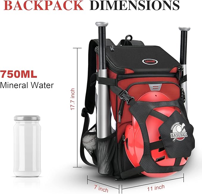 Baseball Backpack for Adult and Youth, Large Capacity Lightweight Softball Bag With Shoe Compartment and Fence Hook for TBall Bat & Equipment, Waterproof for Helmet, Gloves