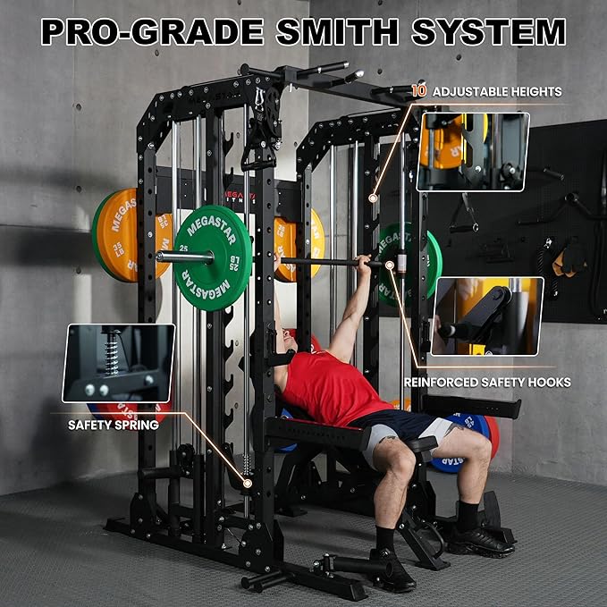 Smith Machine Home Gym with Aluminum Pulley Set- 2000lbs Capacity All-in-One Power Rack with Cable Crossover, Pull-Up Bar & Dip Station, Includes 18 Attachments, P107 Anvil