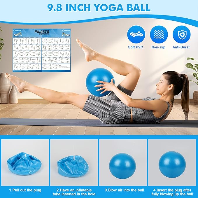 Pilates Ring Set Exercise Equipment with Exercise Bands Resistance Bands Set, Pilates Ball, Sliding Disks – Workout Equipment Home Gym Includes Complete Fitness Poster