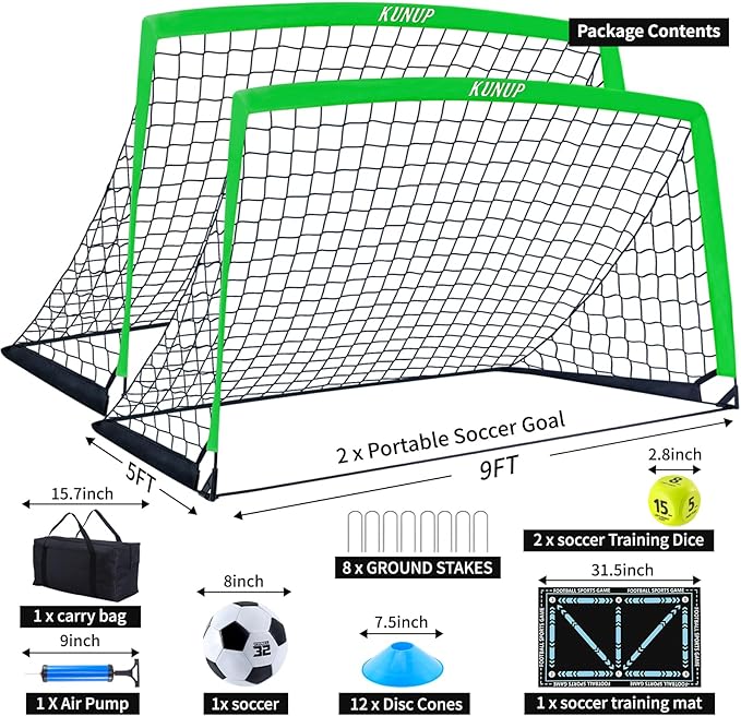2 Pack Kids Soccer Goal for Backyard Set 9x5FT Portable Pop Up Soccer Net Training Equipment with Soccer Ball, Training Dice Mat, Cones and Carry Bag for Youth Toddler Teams Indoor Outdoor Sport Game