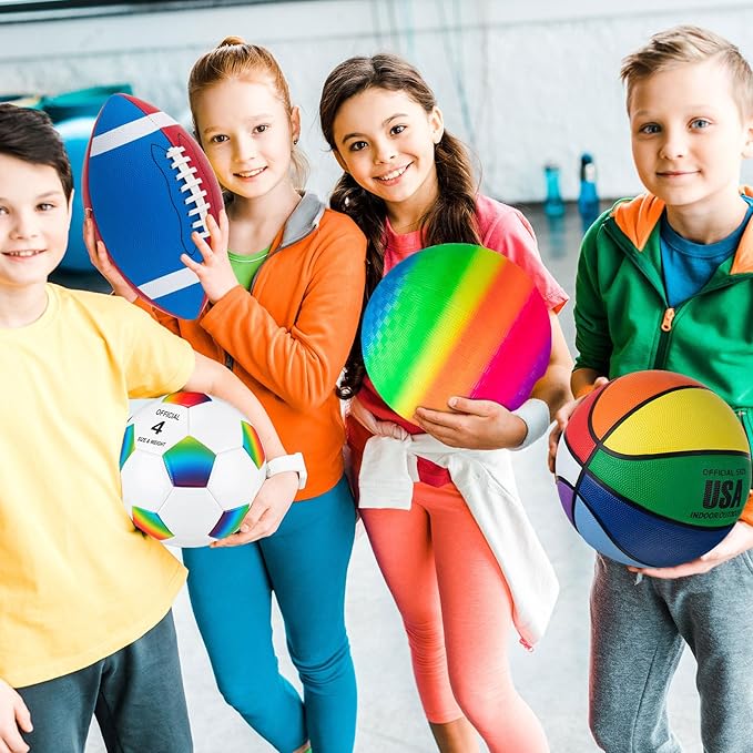 Deekin 4 Pcs Sport Balls Set for Kids Teens, Include Official Size 5 Basketball 4 Soccer 6 Football Playground Ball and Pump Sports Equipment Bag Recess Equipment Sport for Students(Rainbow Color)