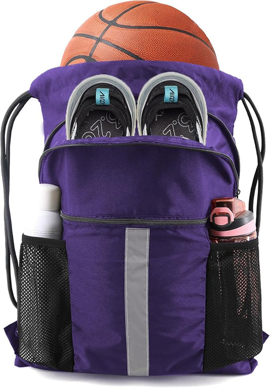 BeeGreen Drawstring Backpack Bag with Shoe Compartment, X-Large Black Gym Sports String Cinch Backpack