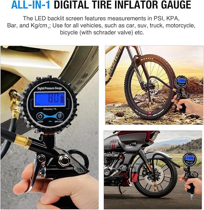Nilight 50026R Digital Tire Inflator Pressure Gauge,250 PSI Air Chuck and Compressor Accessories Heavy Duty with Rubber Hose Quick Connect Coupler for 0.1 Display Resolution