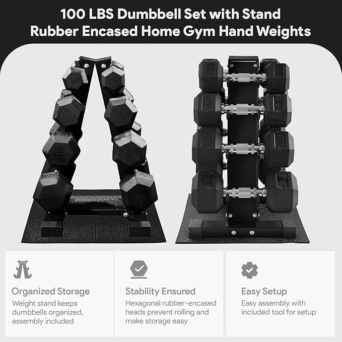 BalanceFrom Rubber Coated Hex Dumbbell Weight Set with Storage Rack, 100LB or 150LB or 200LB Set, 5-20 lbs or 5-25 lbs or 10-30 lbs Pairs