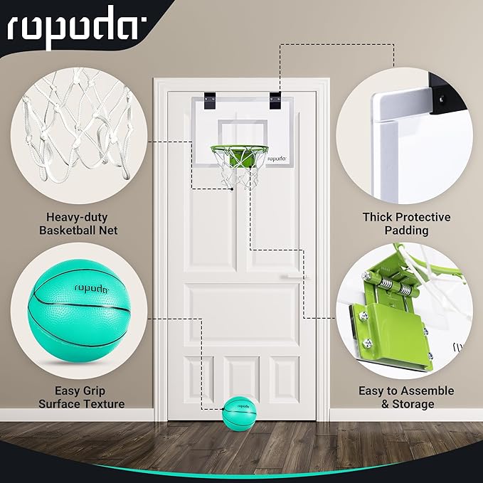 ropoda Mini Basketball Hoop - Glow in The Dark, Over The Door Basketball Hoop Indoor, Indoor Basketball Hoop Backboards for Teens and Adults, Mini Hoop for Kids with 4 Balls and Pump