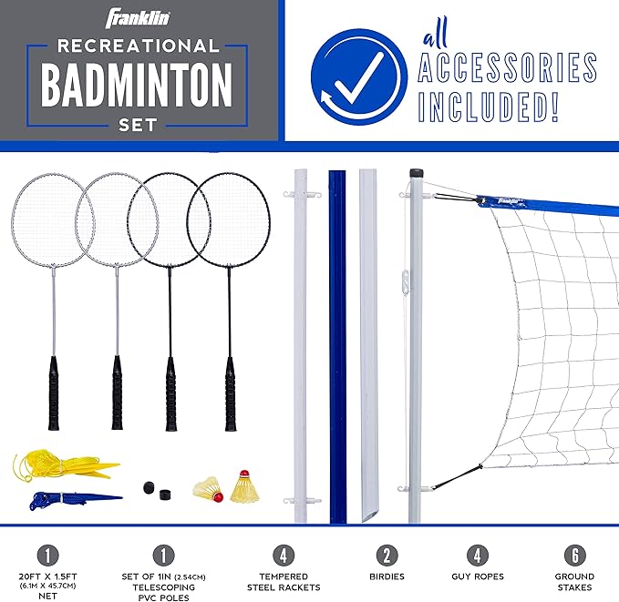 Franklin Sports Portable Badminton Set - Adult and Kids Badminton Net - Perfect Backyard/Lawn Game - Includes 4 Racquets - Recreational