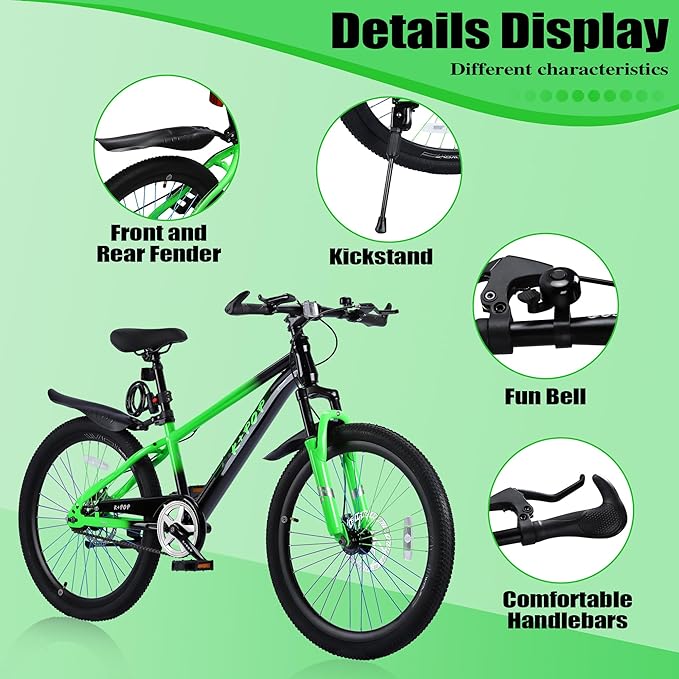20 24 Inch Kids' Mountain Bike, Front Suspension Fork Kids' Bicycles for Boys Girls, Single Speed Bikes for Girls Boys Ages 8-12, Front and Rear Disc Brakes, Adjustable Seat Height