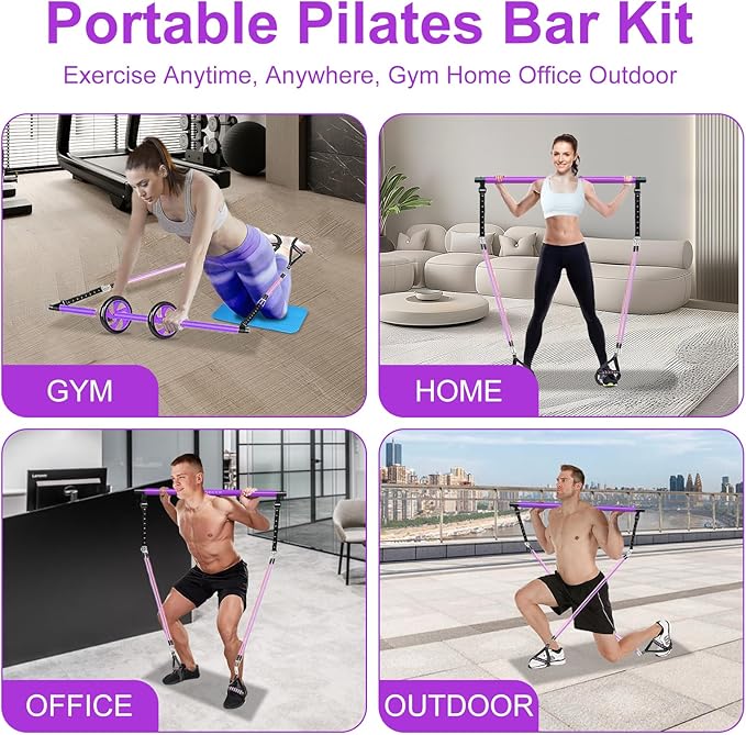 Pilates Bar Kit with Resistance Bands for Working Out, Pilates Equipment with Ab Roller for All Fitness Levels, Portable Home Gym Full Body Workout Equipment for Women&Men