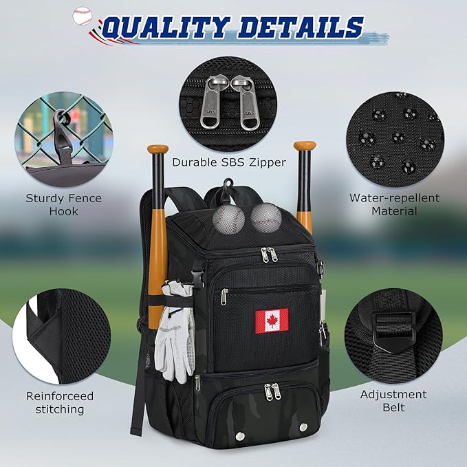 RAINSMORE Baseball Backpack, Lightweight Softball Bag with Shoe Compartment Baseball Bag for Youth & Adult Softball Bat Bag with Fence Hook Helmet Holder Sports Backpack for T-Ball