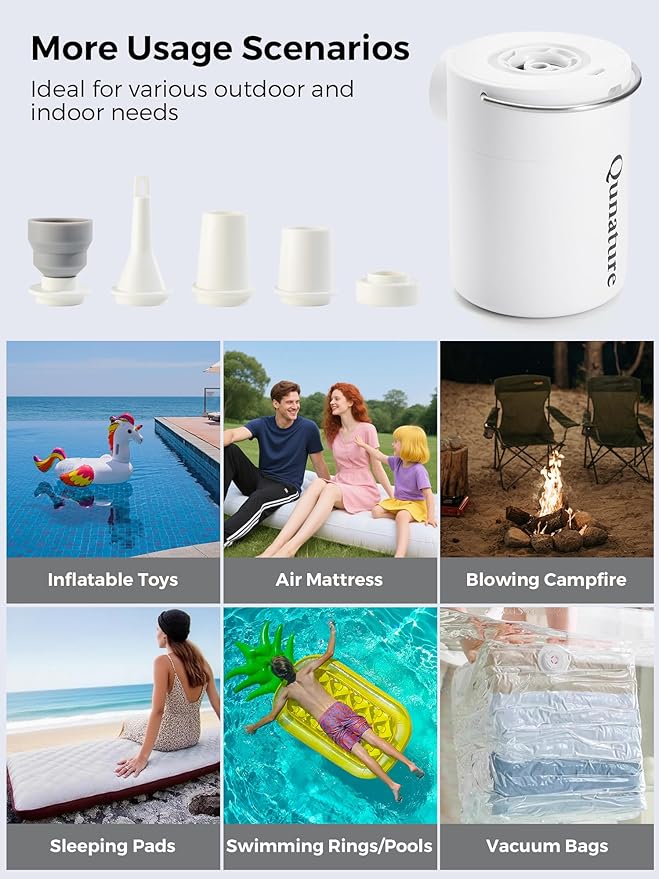 Qunature Air Pump Portable Mini Electric Pump for Inflatables with 1500mAh Battery Camping Light Rechargeable USB Inflate Deflate for Air Bed Mattress,Pool Floats,Swimming Ring,Vacuum Storage Bags