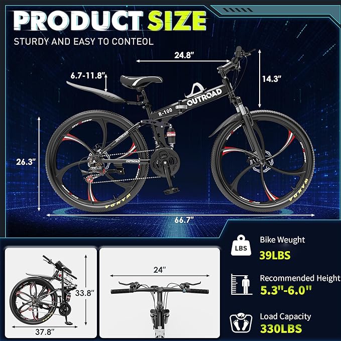 26 Inch Folding Mountain Bike, 21 Speed Full Suspension Bicycle with High-Carbon Steel, Dual Disc Brake Non-Slip Quick Release tire Folding Bicycle for Adults/Men/Women