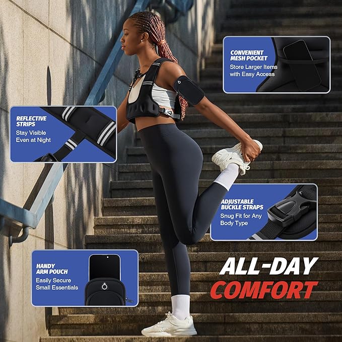 ZELUS Weighted Vest for Women Men, 6/8/12/16/20lb Weight Vest with Arm Pouch Reflective Strips, U-Shaped Rucking Vest for Strength Training Muscle Building, Walking Running Vest for Fitness