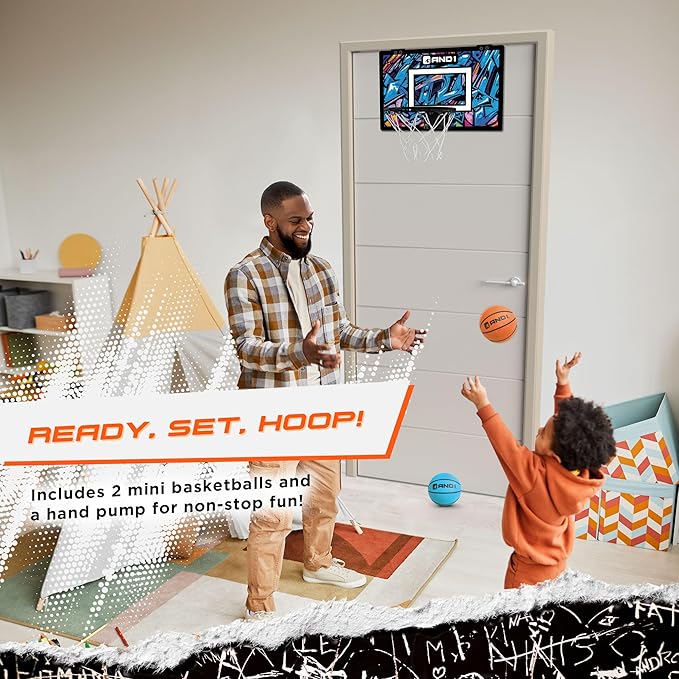 AND1 Over the Door Mini Basketball Hoop: 18x12 Shatterproof Backboard, 2 Mini Basketballs, and Hand Pump Included- Ultimate Indoor Basketball Accessory for Kids and Adults, No Tools Required