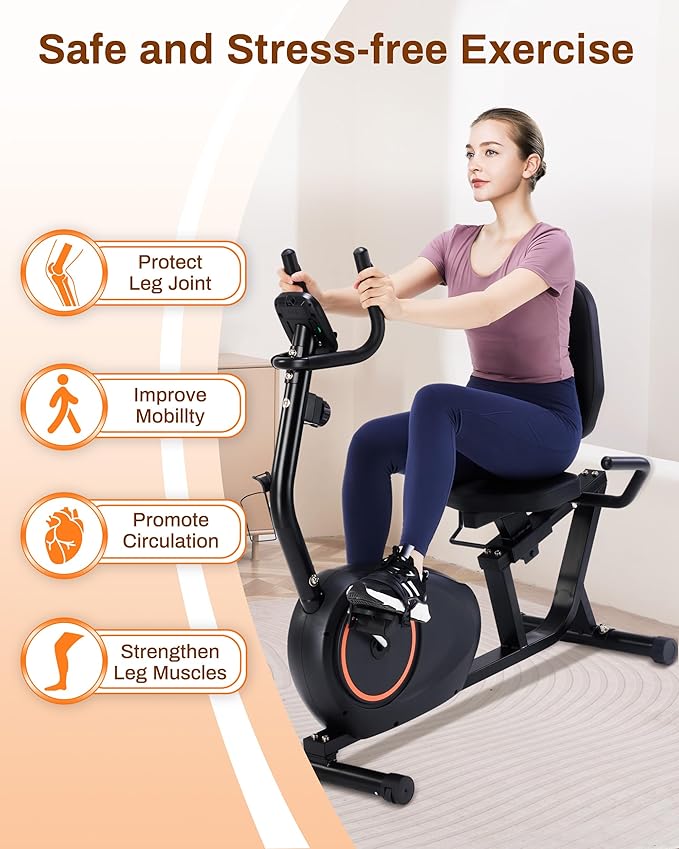 Recumbent Exercise Bike for Home with Quiet 16 Levels Magnetic Resistance, Recumbent Bike for Seniors & Adults with 400LBS Weight Capacity, Large Comfortable Seat, Backlit LCD Monitor, and Pulse Sensor