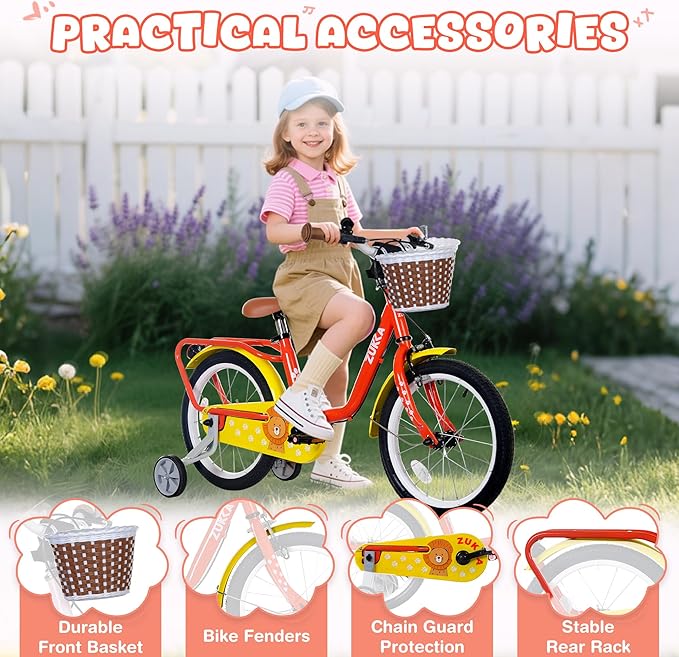 Kids Bike 16 inch Boys Girls Ages 4-7 Years Old Cruiser Bicycle with Woven Basket Single Speed for Youth Caliper Brake Band Brake Rear Rack Included Multiple Colors