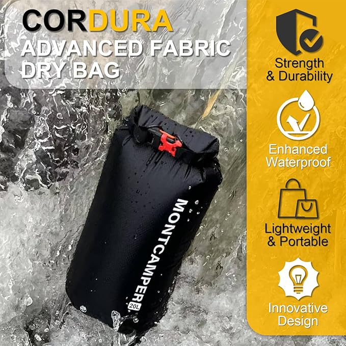 Upgraded CORDURA Waterproof Dry Bag-Durable&Lightweight Storage Sack for Hiking, Kayaking&Rafting-Roll Top with Survival Whistle-Ideal for high-intensity Use-Float on Water(20L/Black)