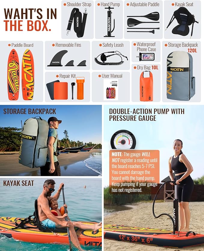 Inflatable Stand Up Paddle Board 12' with Kayak Seat & Dual Paddles – Premium SUP Board for Adults & Families Includes Kayak Conversion Kit, Pump, Leash & Accessories – Stable Wide Deck for Beginners