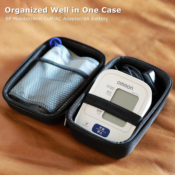 Ginsco Compact Hard Shell Case for Blood Pressure Monitor, Compatible with Omron Bronze/iHealth/Oklar, Portable Carrying Travel Case with Handle, Mesh Pocket for Cuff/Batteries/Charger (Black, M)