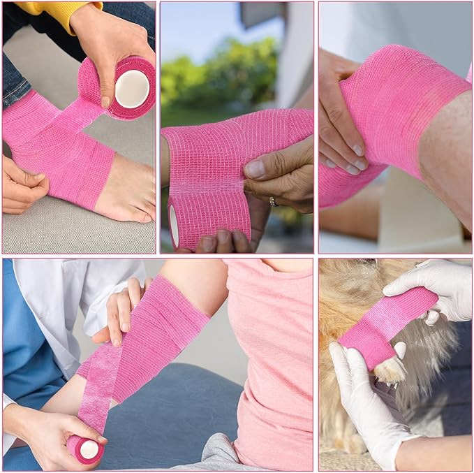 Treela 48 Pack Self Adhesive Wrap Bandage Bulk, 2 Inches x 5 Yards Self Adherent Cohesive Bandage Elastic Athletic Tape Breathable Wound Tape for Stretch Athletic Sports Wrist Ankle(Pink)