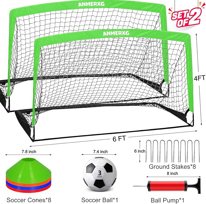 6x4FT Kids Soccer Goal for Backyard Set Portable Soccer Goal with Ball Pump and Cones Soccer Net Set of 2 Training Equipment Outdoor Sports Gift