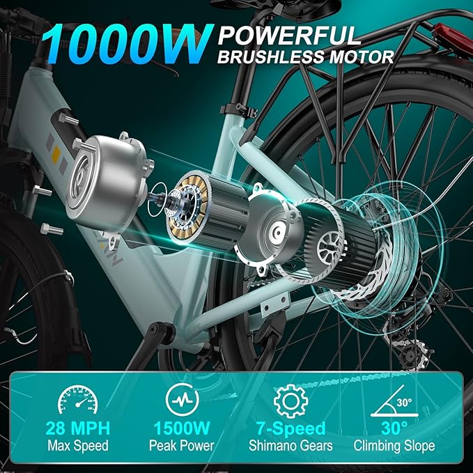 V80 Electric Bike, 1000W Motor 28MPH Ebike, 48V 13Ah Removeable Battery, 26'' City Cruiser Adult Electric Bicycles up to 70 Miles