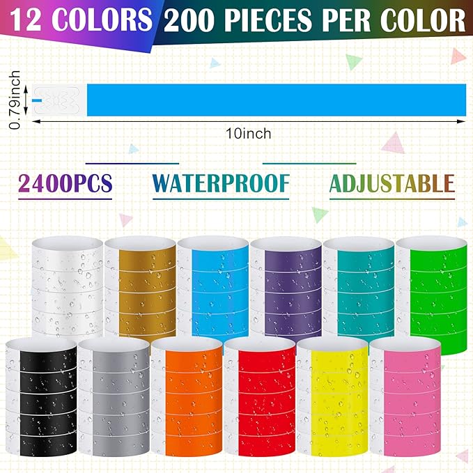 Tudomro 2400 Pack Neon Paper Wristbands Bulk - Waterproof, Lightweight, Adhesive - Concert, Events, Party for Hand Wrist Arm Identification(Fresh Colors)