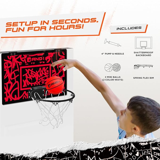 AND1 Over the Door Mini Basketball Hoop: 18x12 Shatterproof Backboard, 2 Mini Basketballs, and Hand Pump Included- Ultimate Indoor Basketball Accessory for Kids and Adults, No Tools Required