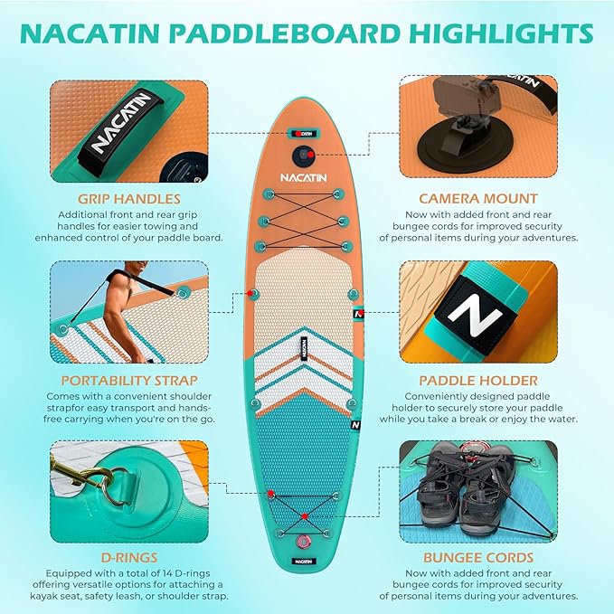NACATIN Inflatable Stand Up Paddle Board with Kayak Seat,10'6"Upgrade Version Blow Up Paddle Boards for Adults with Premium SUP Accessories&Backpack,Adjustable Paddle,Camera Mount,Fins,Hand Pump