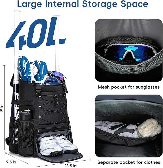 Baseball Bag for Youth and Adult, Softball Backpack 40L Large Capacity, Bat Backpack with Shoes Compartment and Hidden Helmet Holder