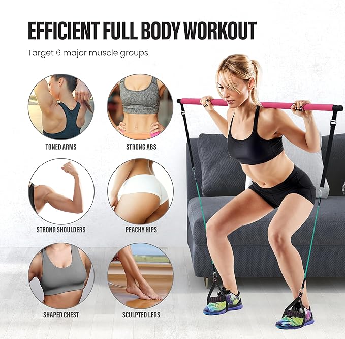 Upgraded Pilates Bar Kit – 39” Adjustable Exercise Equipment for Men, Women with 6X 20, 30, 40 lbs Resistance Bands with Adjustment Buckle – Pilates Equipment for Home Workouts for All Fitness Levels