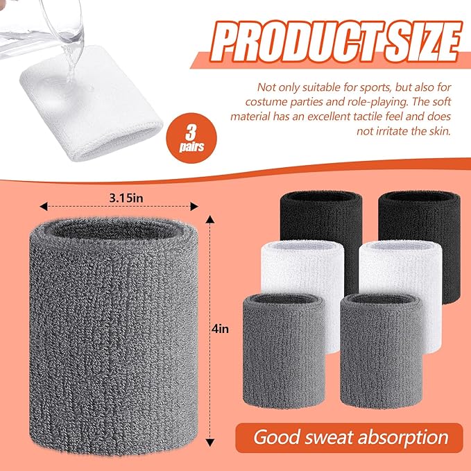 Wettarn 6 Pcs 4 Inch Wrist Sweatbands Tennis & Gymnastics Wristbands for Grips & Sport Cotton Elastic Thick Wrist Bands for Tennis & Football