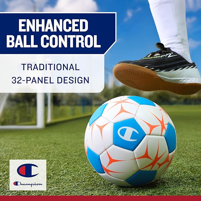 Champion Youth & Adult Soccer Ball - Paneled Design, Enhanced Control, Durable Cover & Butyl Bladder, for Indoor & Outdoor Training, Sizes 3, 4, 5, Includes 6" Pump