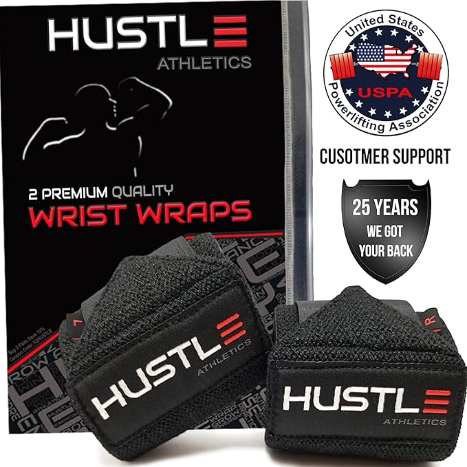 Hustle Athletics Wrist Wraps for Weightlifting, USPA-Approved Wrist Support Weight Lifting Wraps, Premium Hook-and-Loop, 12 in or 18 in Heavy-Duty Cotton-Elastic Support for Powerlifting & Bench Press