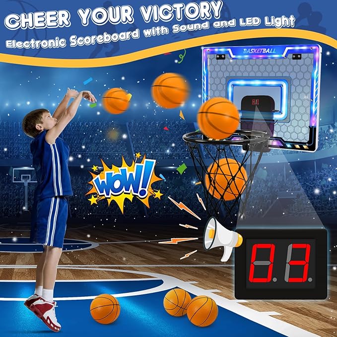 AOKESI Basketball Hoop Indoor for Kids, Mini Basketball Hoop with 3 Balls,Led Light,Batteries & Electronic S Sport Basketball