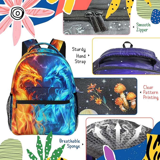 Dragon Backpack for Boys Girls Red Blue Fire Bookbags Lightweight Adjustable Elementary Middle High School Bags for Kids Children Teenagers Travel Daypack Cool Lightning Galaxy Backpacks Gifts
