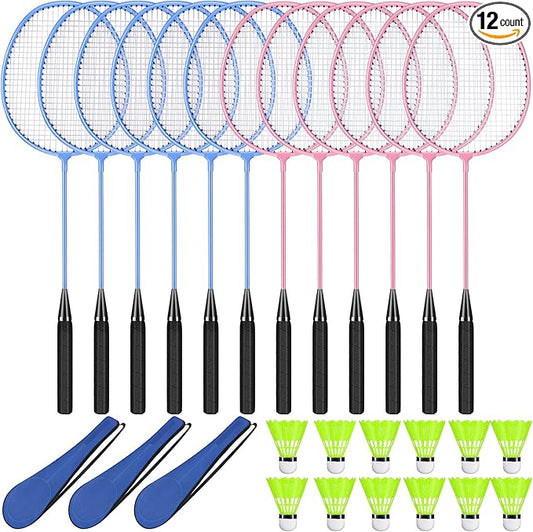 12 Pack Badminton Rackets Set Including Rackets, Nylon Shuttlecocks and Carry Bag for Outdoor Backyard Games Beginners